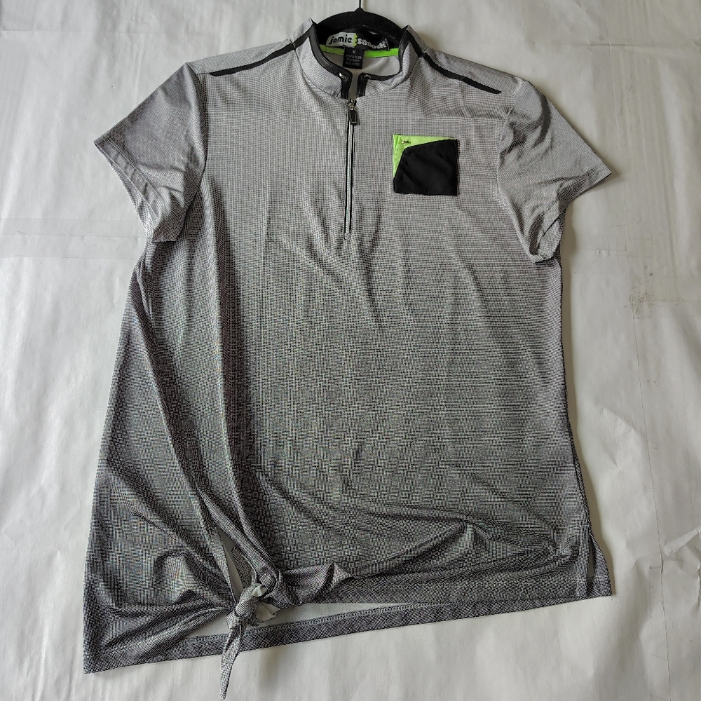 Jamie Sadock Top Size Meduim Short Sleeve Top Tie Hem Mock Neck Polka Dot Shirt